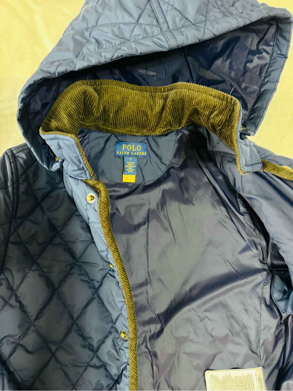 Polo by Ralph Lauren Navy Quilted Hooded Puffer with Olive Trim